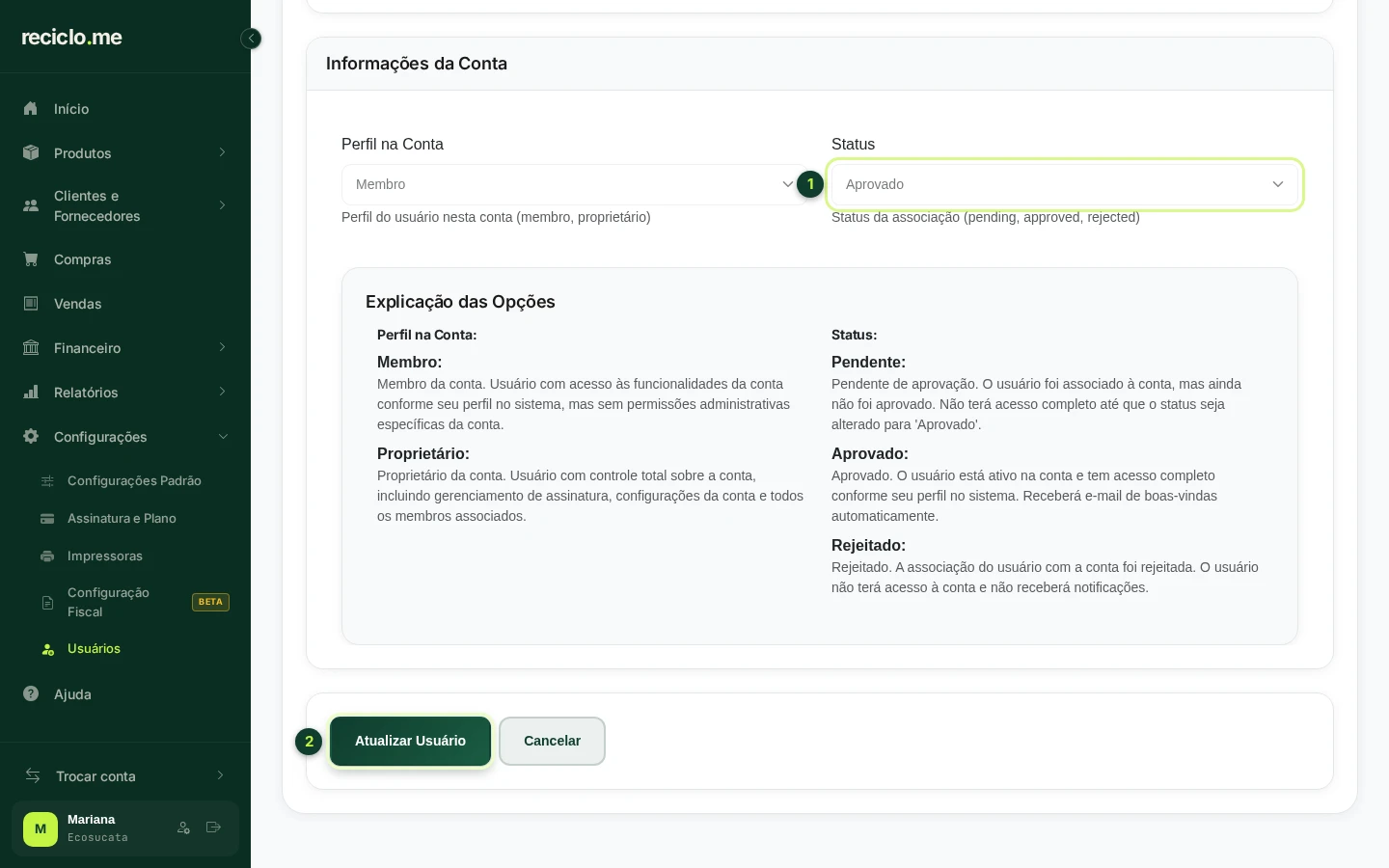Tela Editar Usuário com o status trocado para Aprovado e o botão Atualizar Usuário em destaque