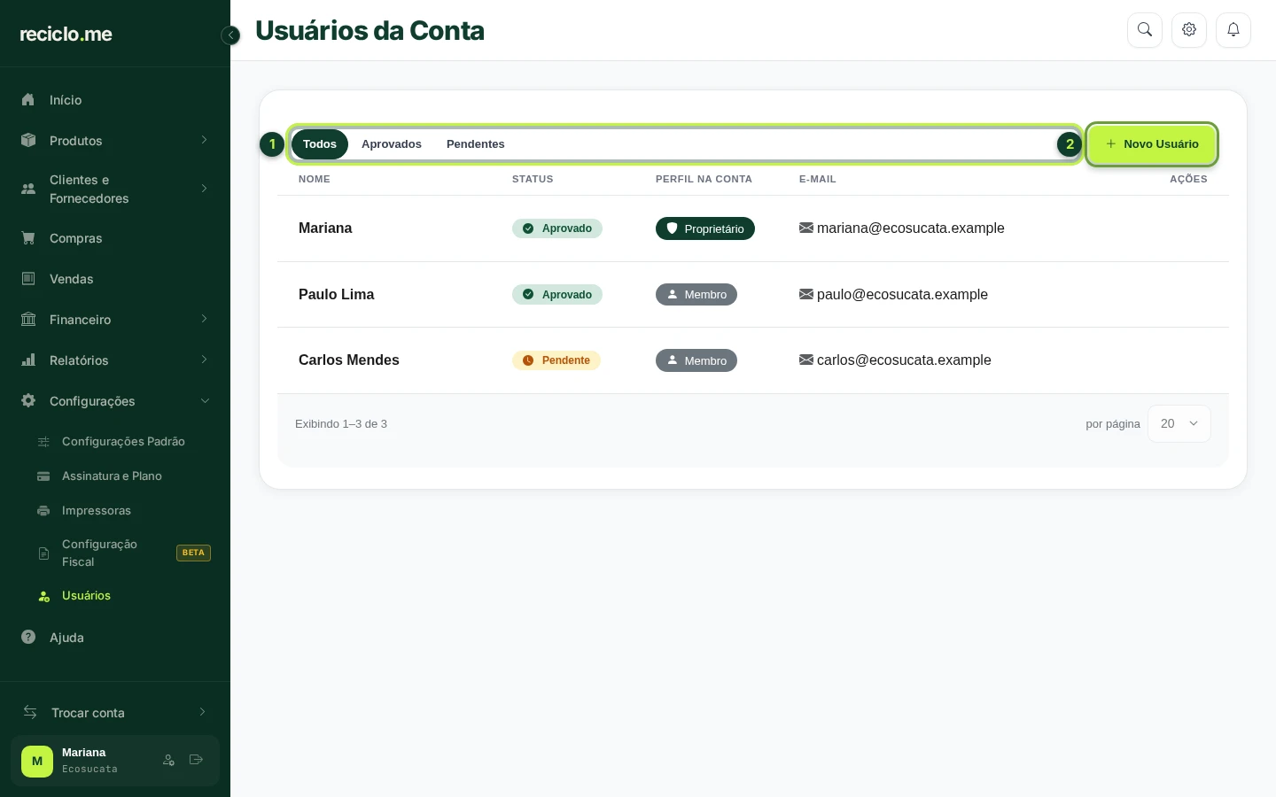 Tela Usuários da Conta com a lista de usuários, as abas Todos, Aprovados e Pendentes e o botão Novo Usuário em destaque