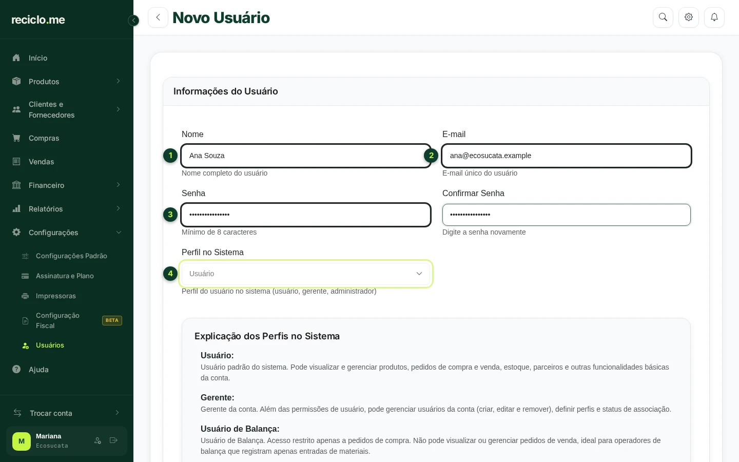 Formulário Novo Usuário com nome, e-mail, senha e perfil no sistema preenchidos