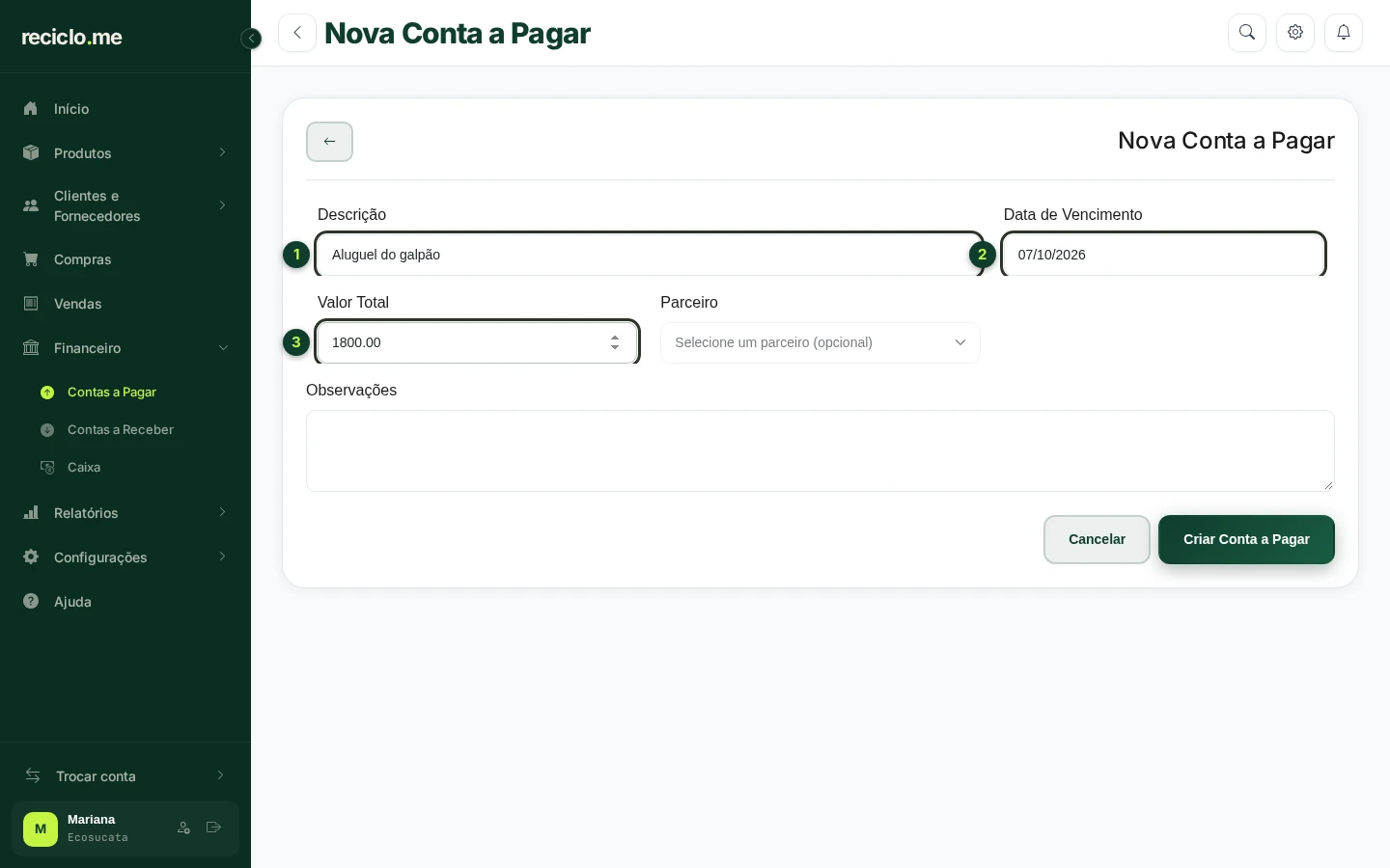Formulário de nova conta a pagar com descrição, vencimento e valor preenchidos