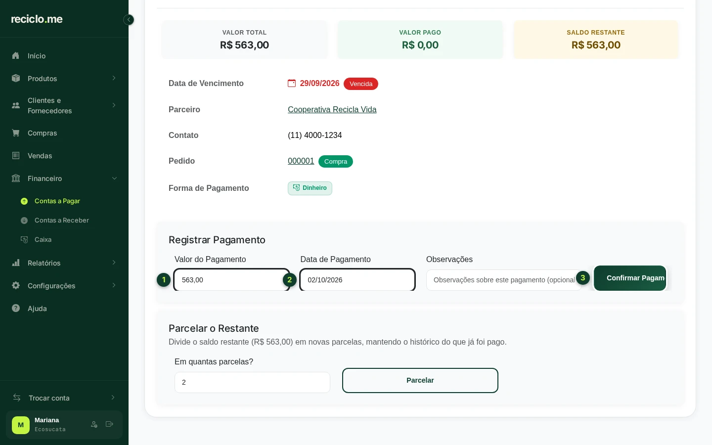 Detalhes da conta a pagar com a área Registrar Pagamento em destaque
