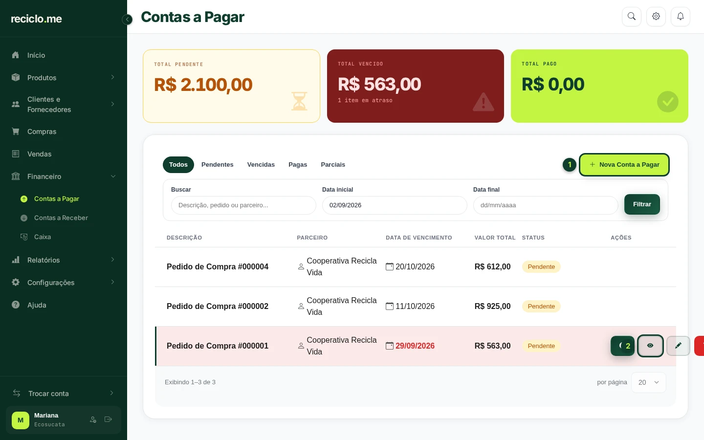 Tela de Contas a Pagar com os totais, as abas e o botão Nova Conta a Pagar em destaque