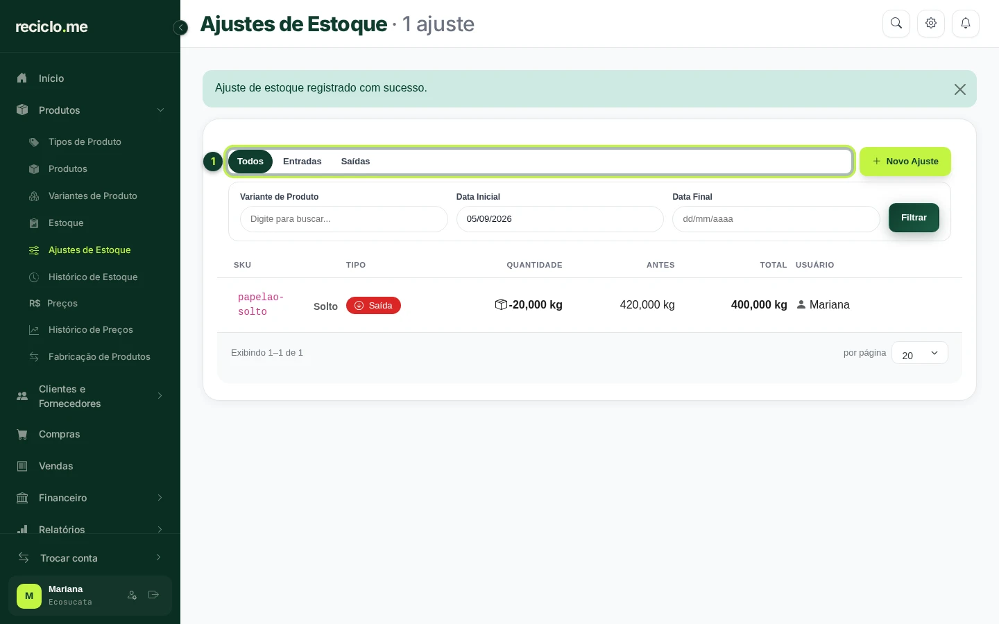Lista de Ajustes de Estoque com o aviso de sucesso e a saída de 20 kg registrada