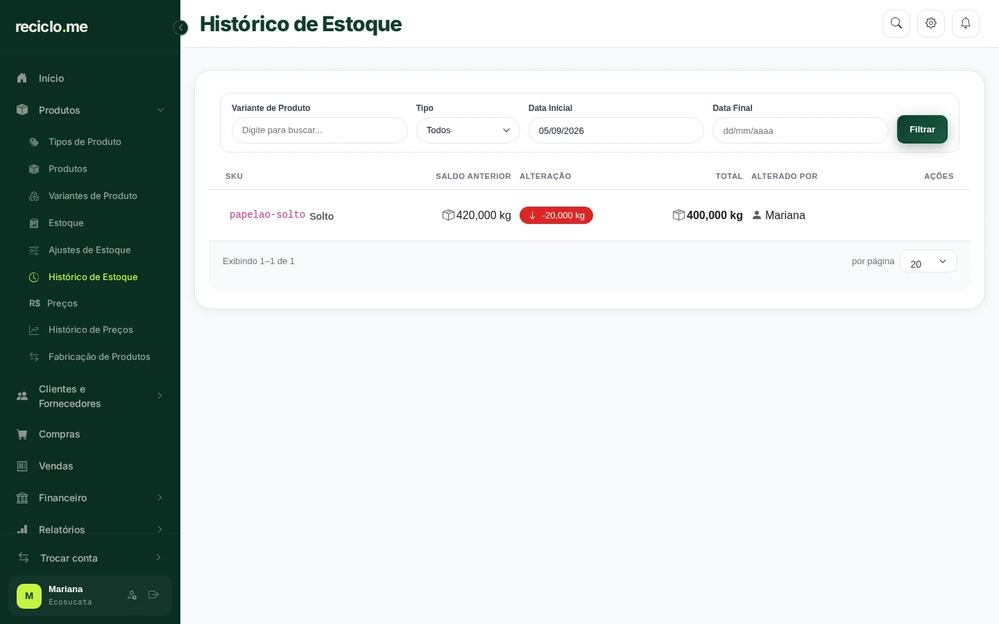 Tela de Histórico de Estoque com os filtros e a alteração de menos 20 kg do papelao-solto