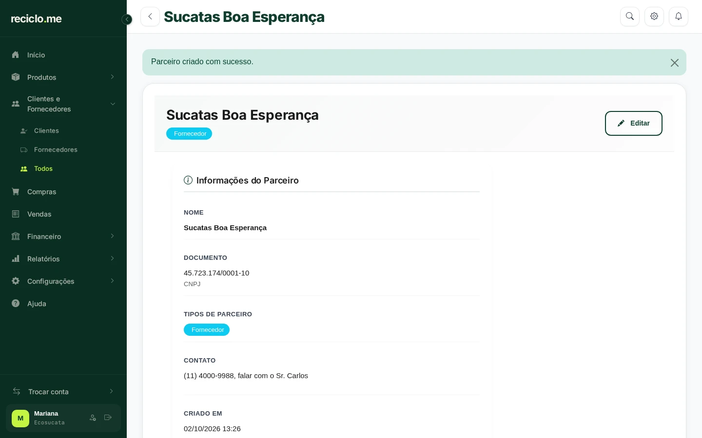 Tela com os dados do parceiro recém-cadastrado e o botão Editar