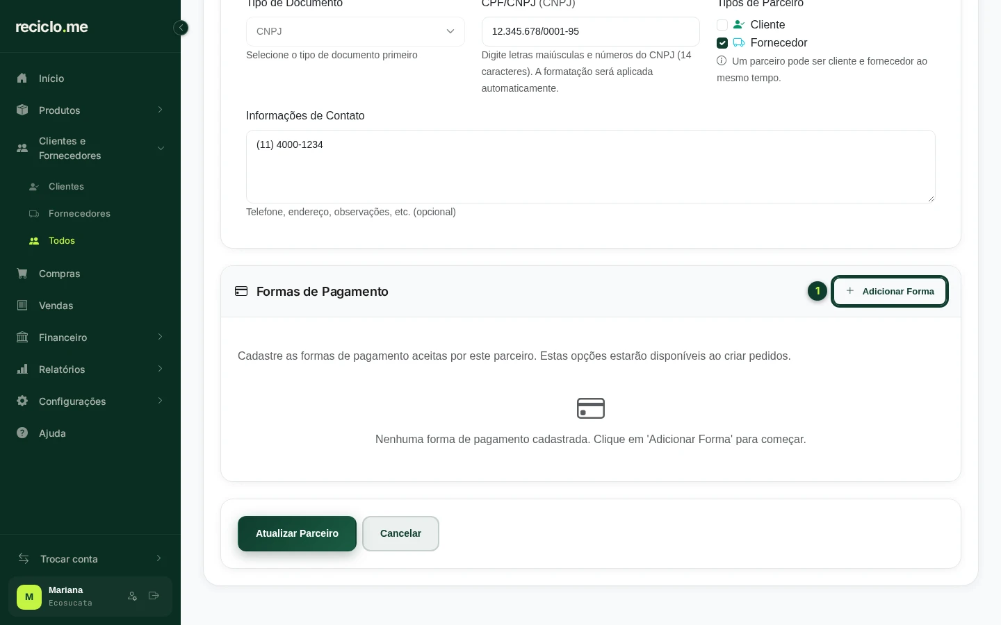 Formulário de edição do parceiro com o quadro Formas de Pagamento e o botão Adicionar Forma em destaque