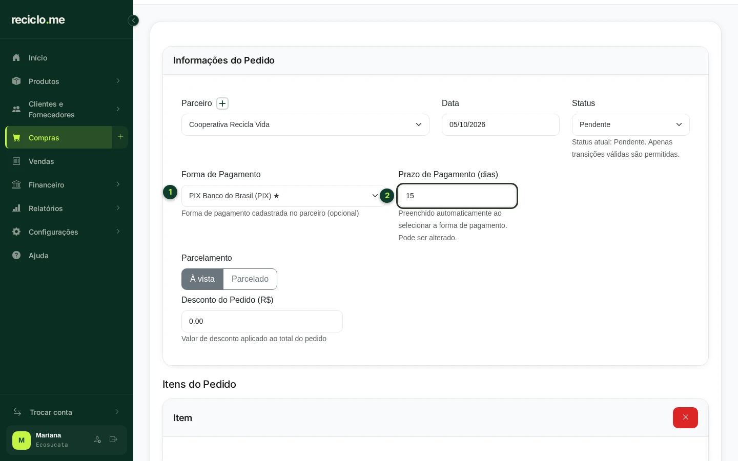 Tela Nova Compra com a forma de pagamento PIX escolhida e o prazo de 15 dias preenchido sozinho