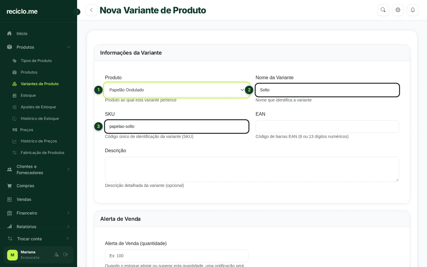 Formulário de nova variante com produto, nome e SKU preenchidos
