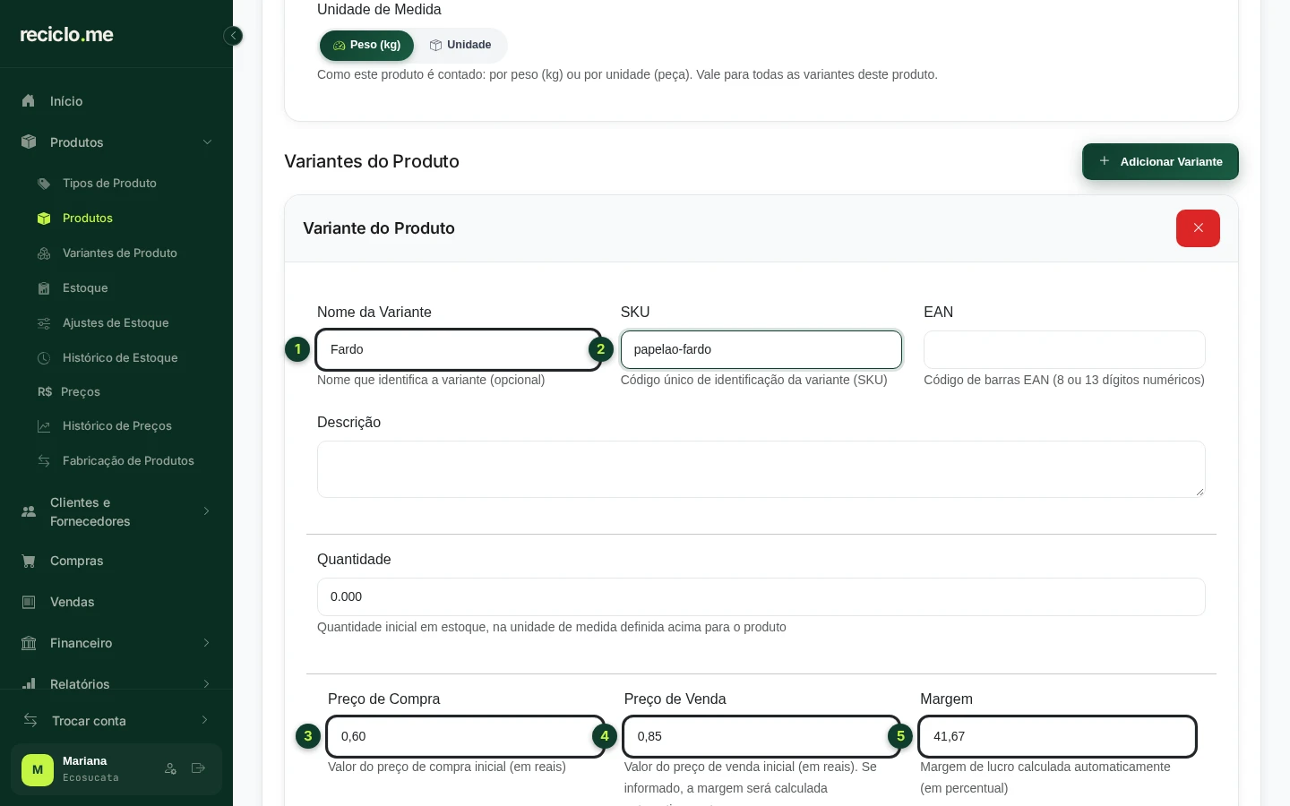 Seção Variantes do Produto com nome, SKU, preços e margem calculada preenchidos