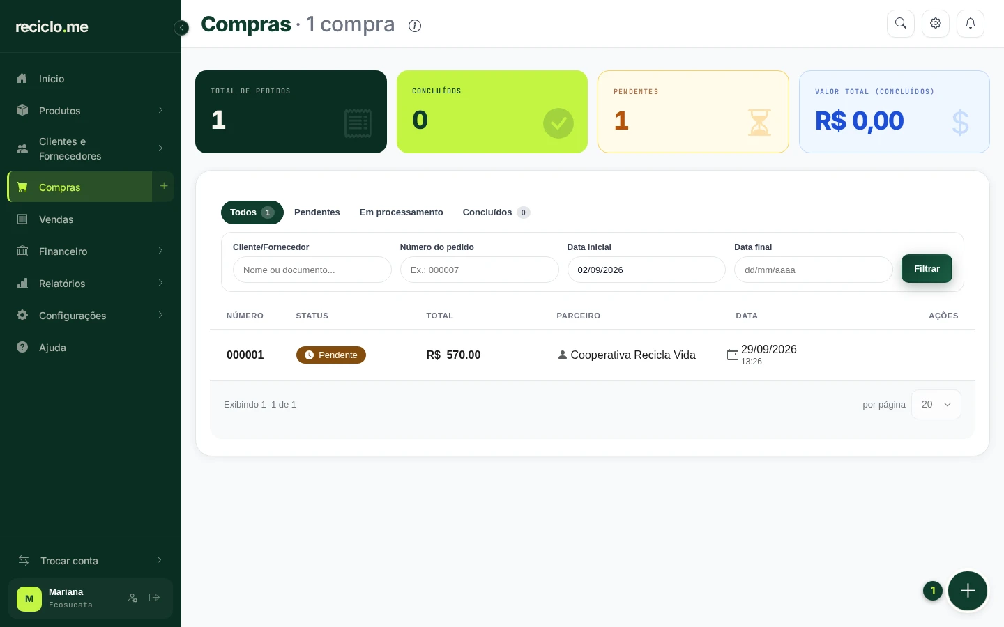Tela de Compras com o botão redondo de nova compra em destaque