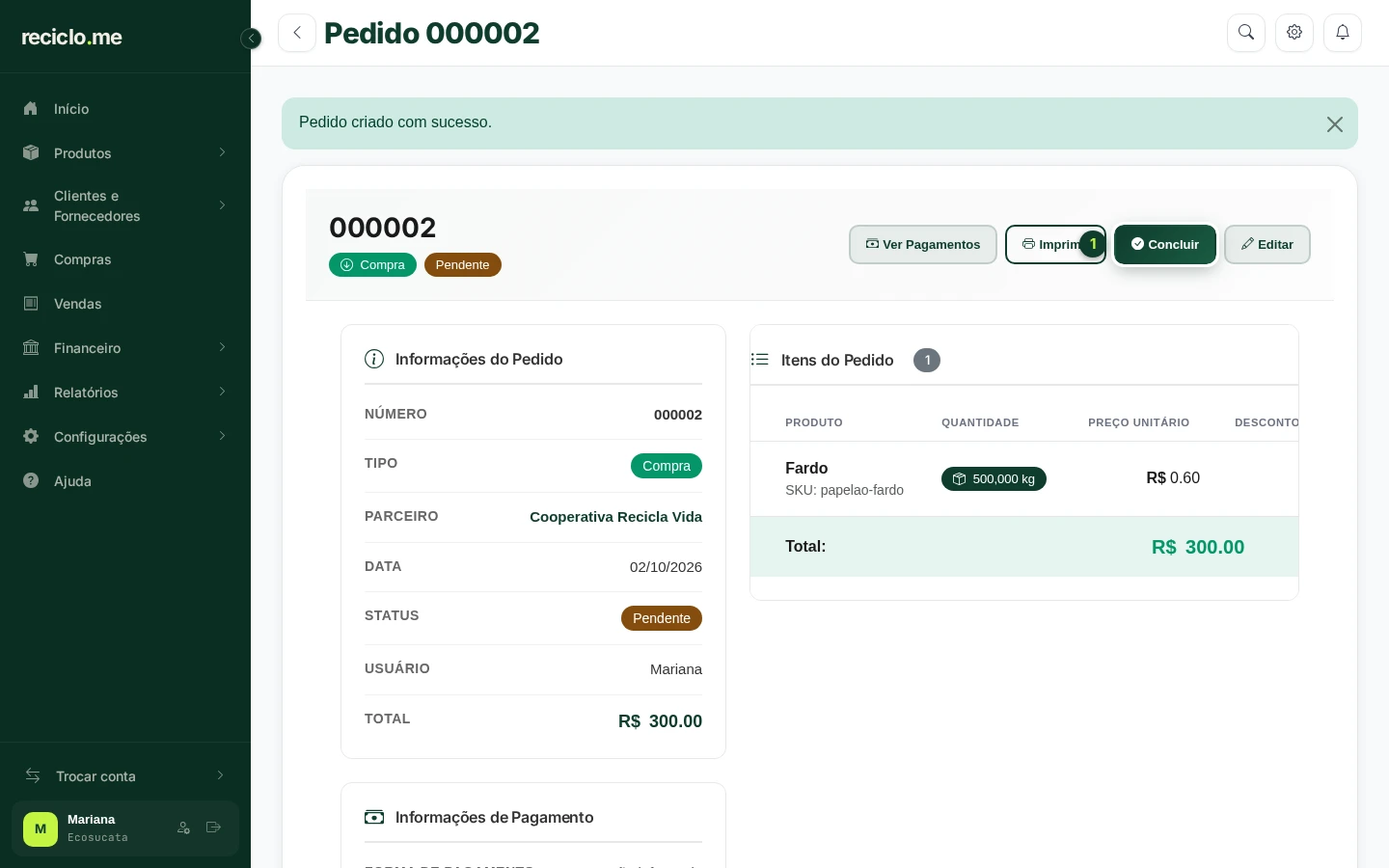 Detalhes do pedido de compra pendente com o botão Concluir em destaque