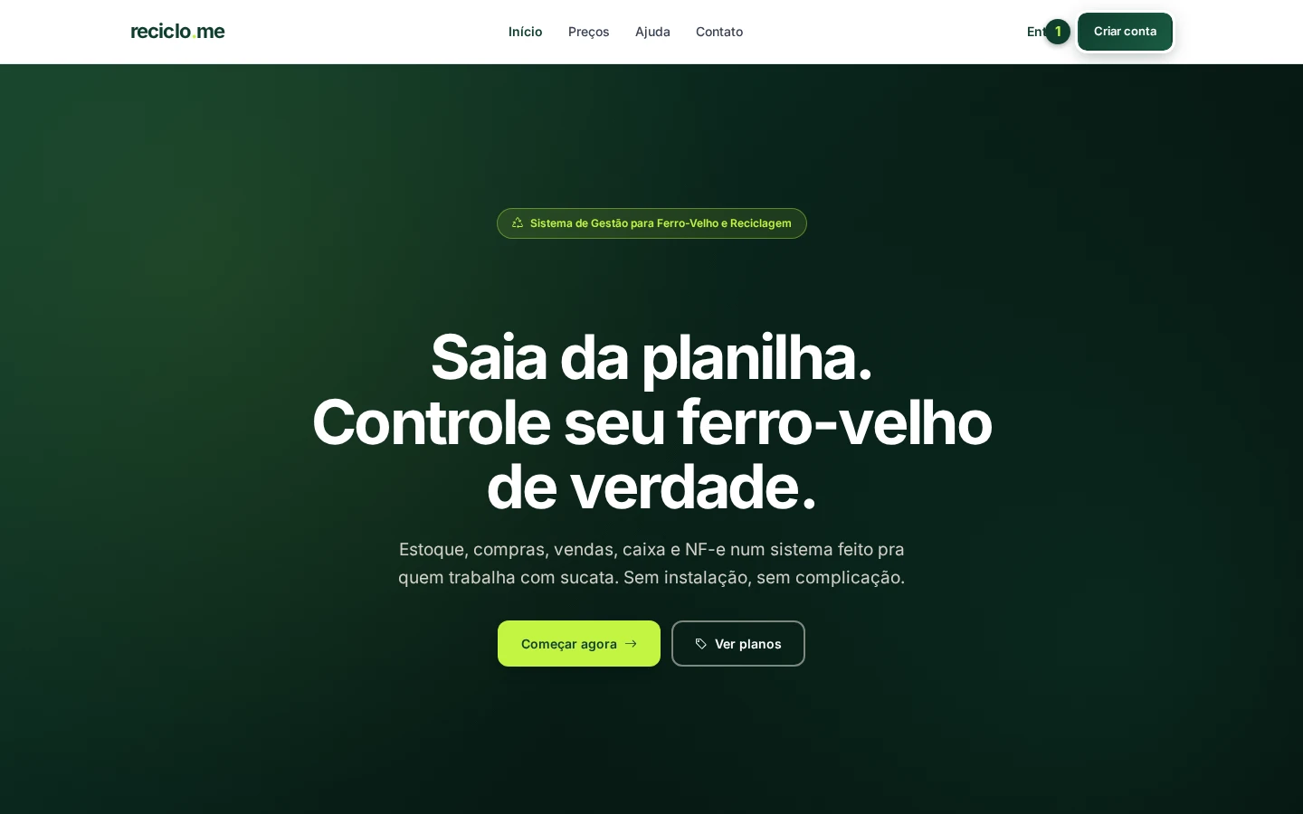 Página inicial do Reciclo.me com o botão Criar conta em destaque