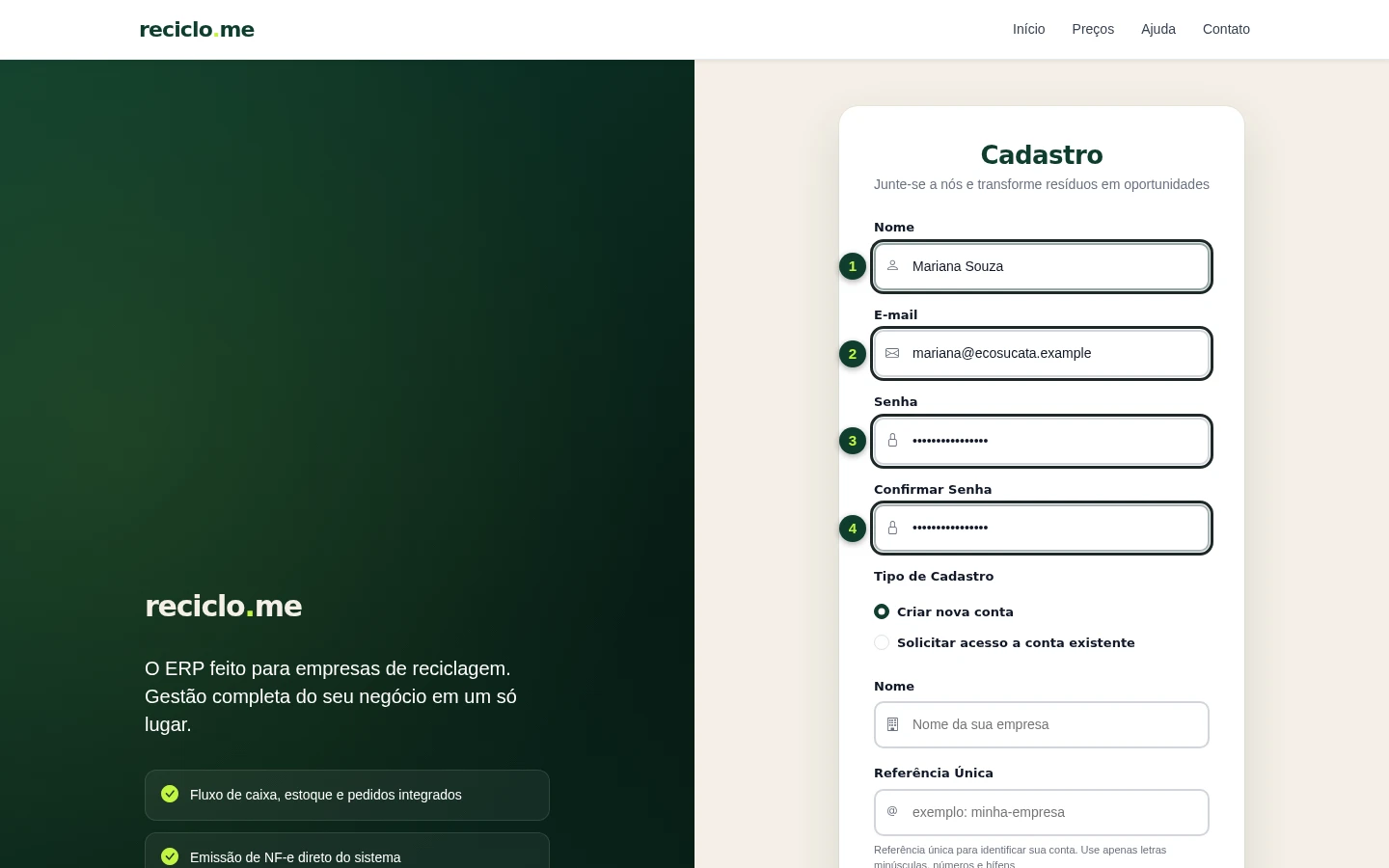 Formulário de cadastro com nome, e-mail e senha preenchidos